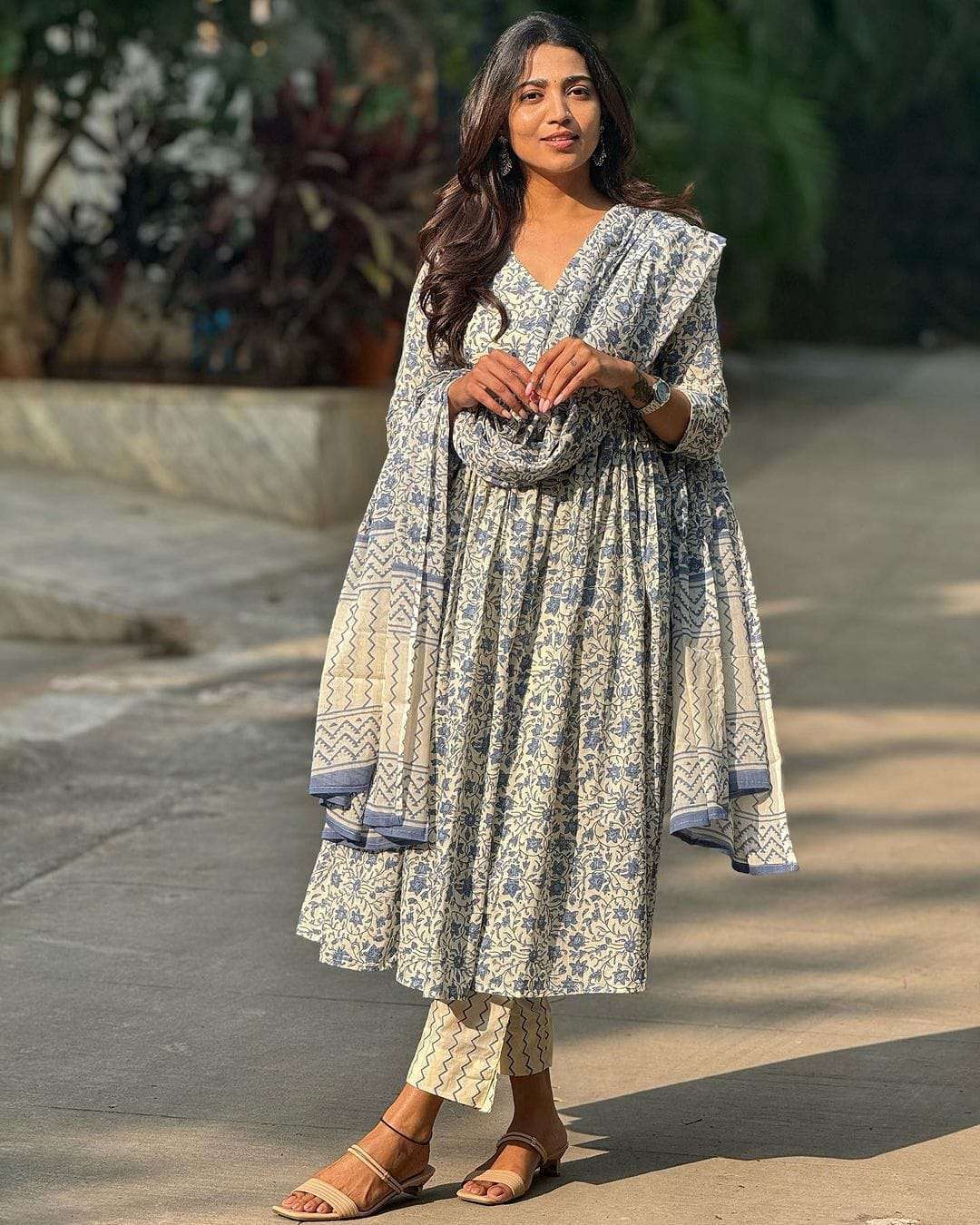 designer fine cotton suit set full flaired mugal print anarkali suit with full mirror handwork hilighting on your neck beautiful full length duppta  straight pant beautiful duppta full anarkali set