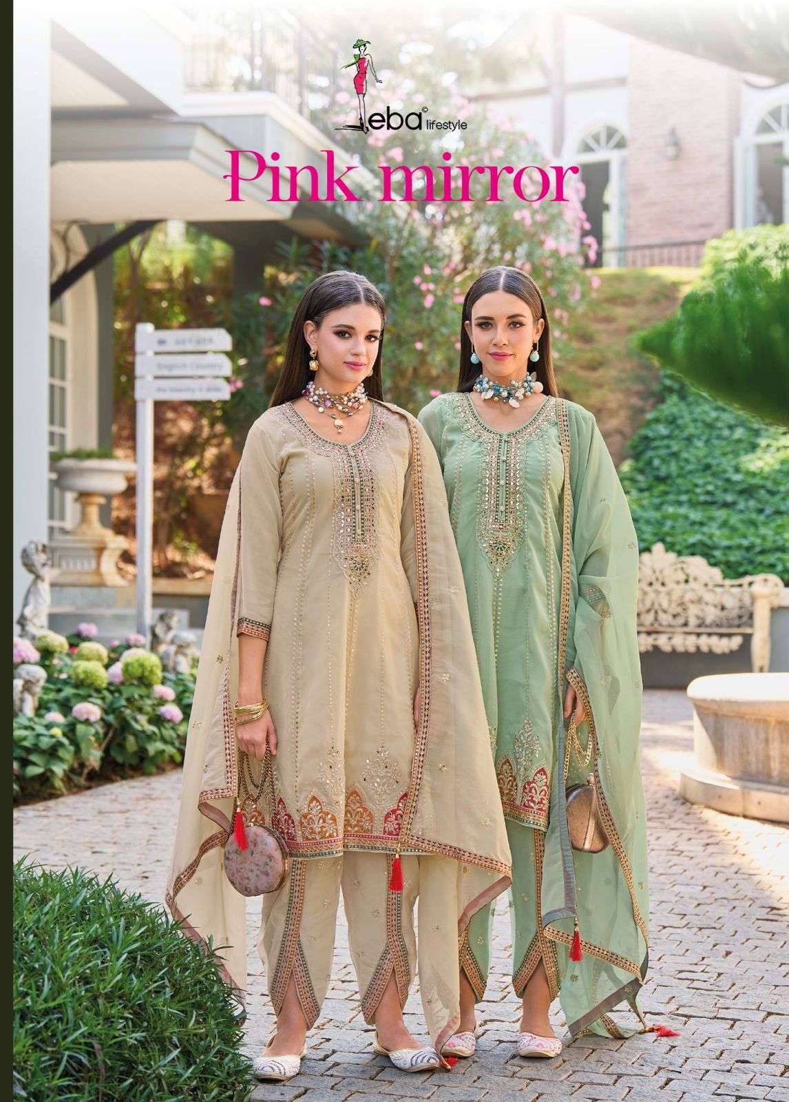 eba lifestyle catalogue pink mirror series 1683 to 1684 top pure simar organza with  embroidery dhoti pure simar organza  with embroidery work duppta pure simar organza with embroidery work