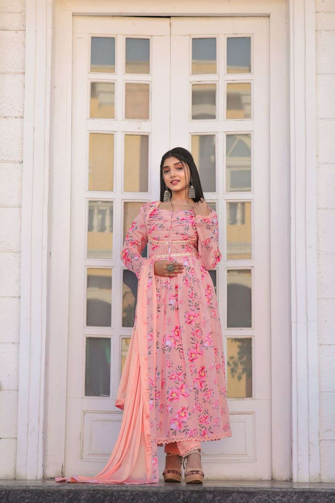 fvd launching new sp ramdan collecion inn multicoloured anarkali with mirror work and print lace featuring soothing yet chinnon  print and full lining with printed pant and ciffon dupatta with printed lace
