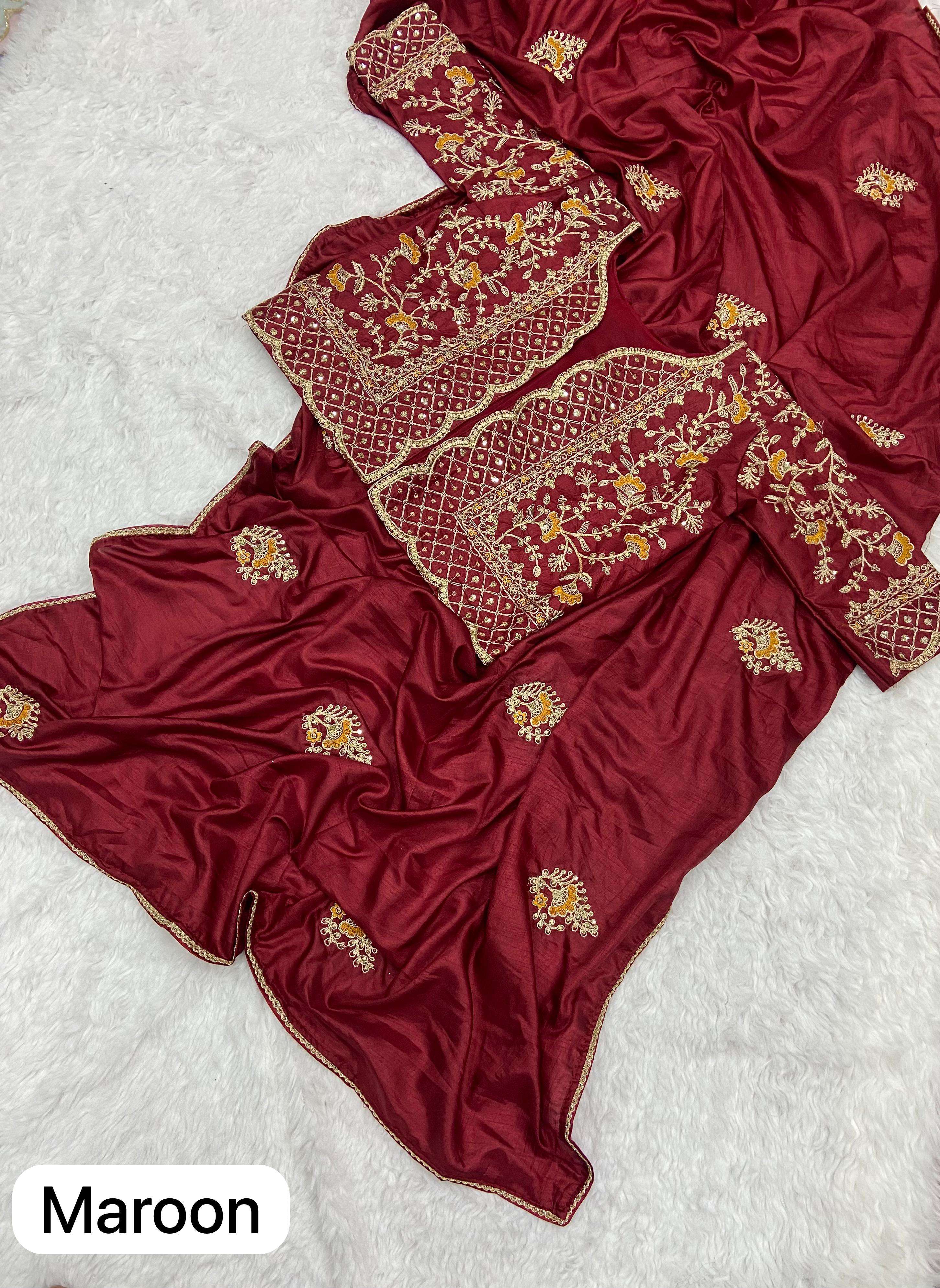 heavy fancy fully work koti style stiched blouse concept fabric heavy dola silk work beautiful mutli sequence nd coding work nd work butta in whole saree with rich look piping saree