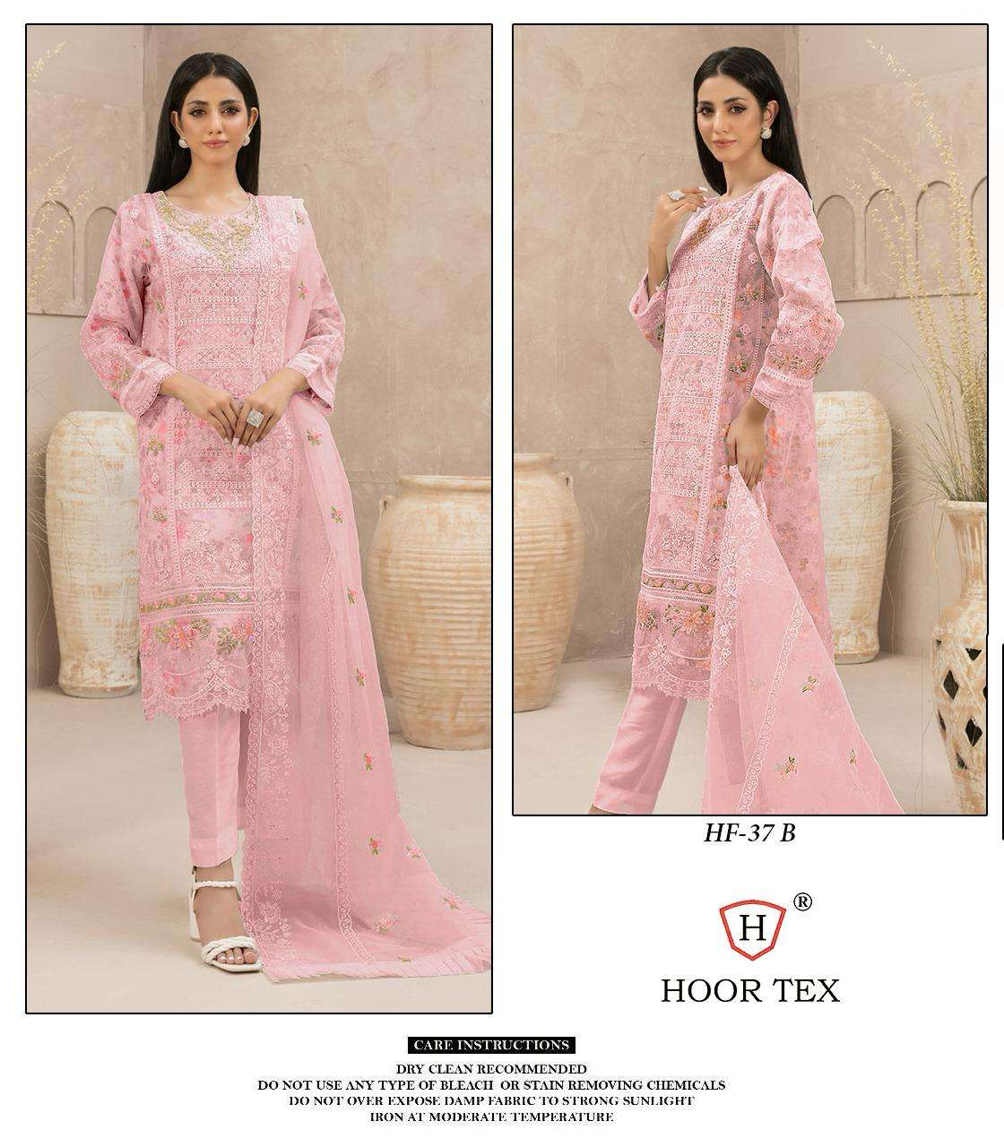 hoor tex design number hf 37 a to d presents new catalogue in pakistani full stitched readymade top heavy organza bottom imported cotton dupatta heavy organza