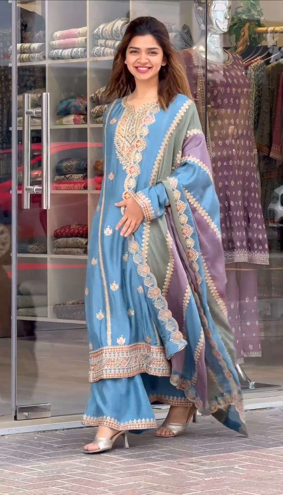 launching new  designer party wear look heavy faux georgette top plazzo n multi color dupatta set code ad145 premium designer readymade top plazzo n dupatta collections