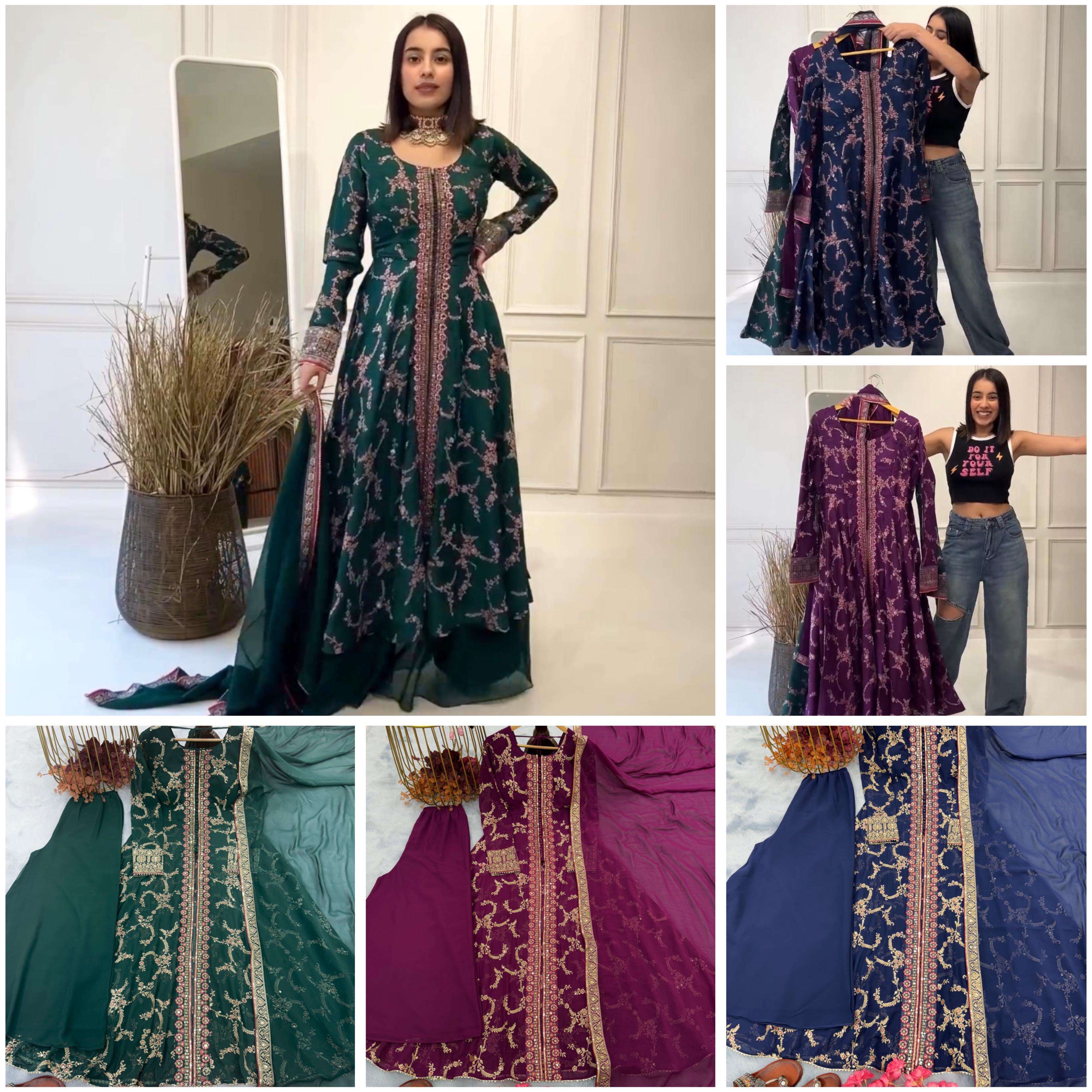 launching new party wear look fancy gown dupatta n plazzo set pd 1040 own fabric heavy faux georgette with embroidery 5 mm sequence work with full sleeve with tassels with cups