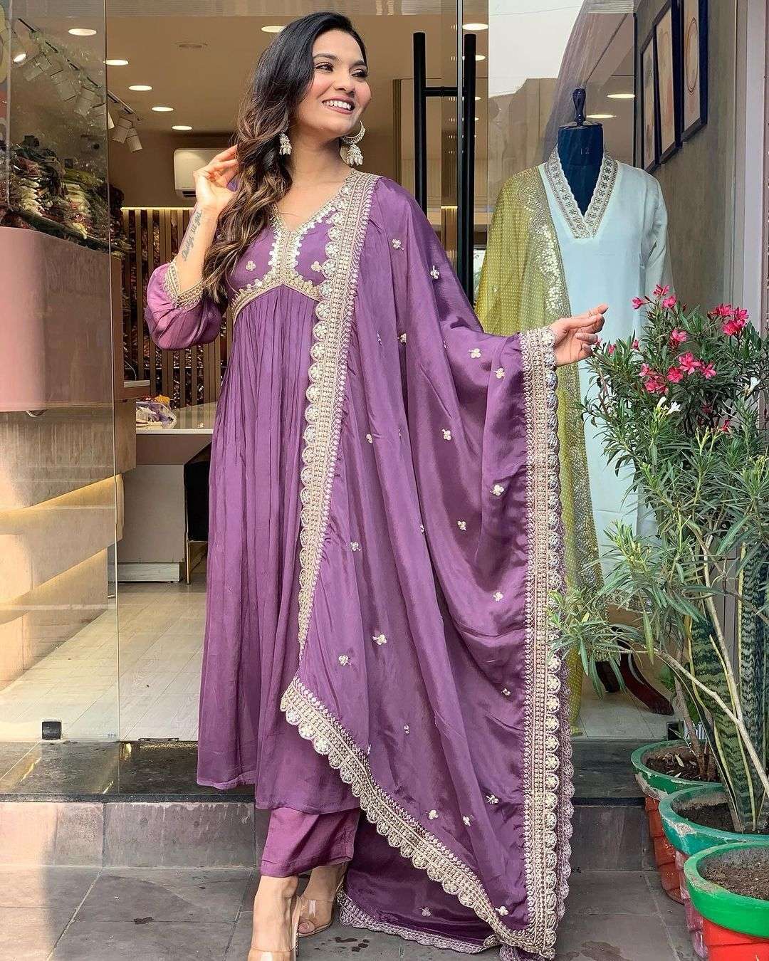 launching new party wear look pure chinon silk alia cut gown dupatta n bottom set code pd1048 pure chinon silk with embroidery 5 mm sequence work with fancy sleeve with tassels