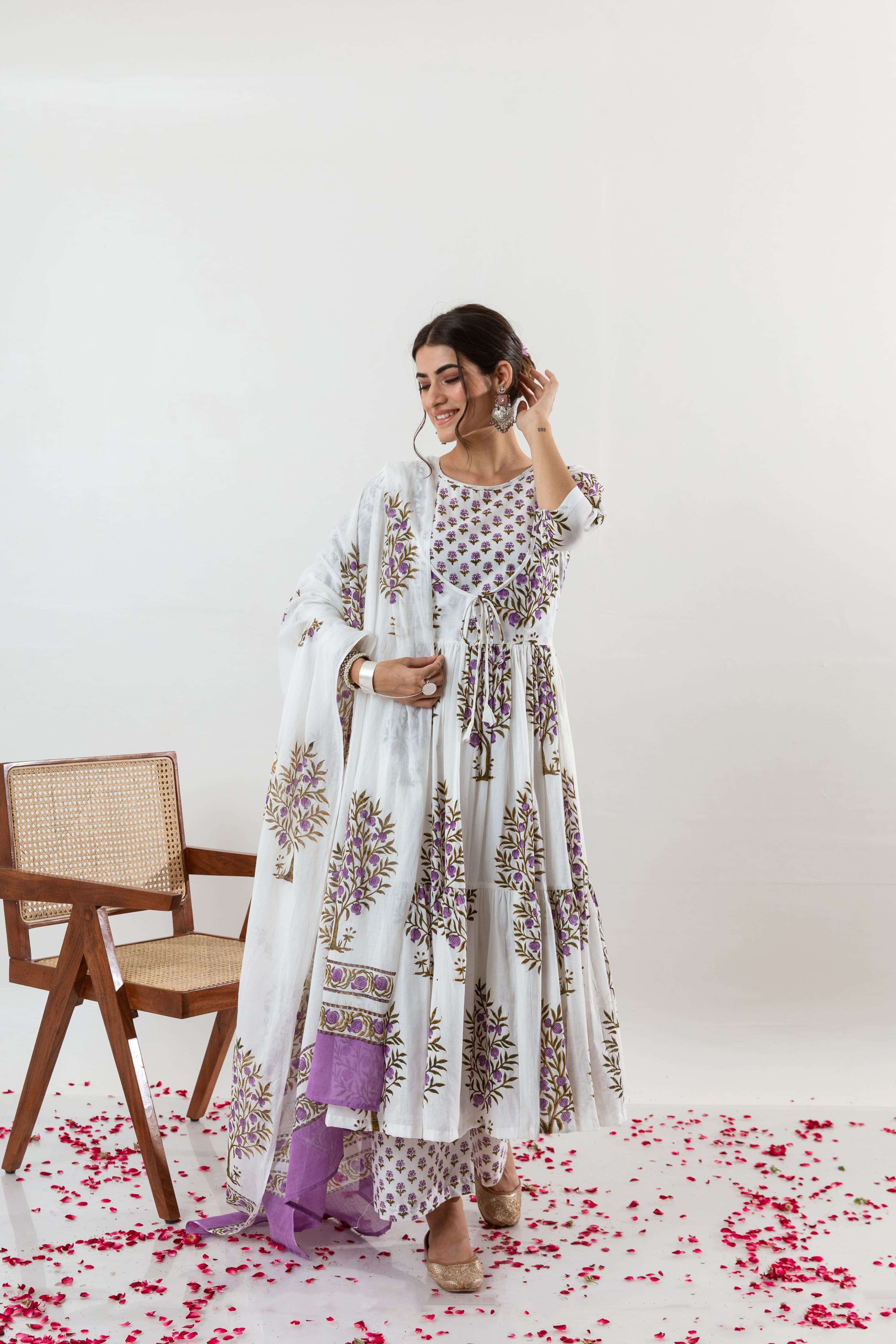 lavender anar print gathered kurta with round neck with tie up details it is paired with lavender mini floral blockprinted pallazo readymade dress top with pant n duppta 
