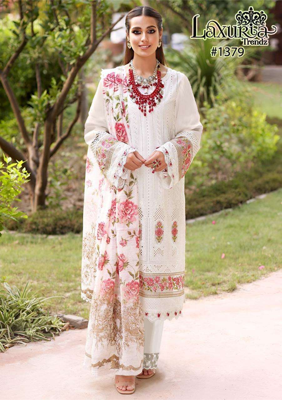 laxuria trendz design number 1379 festival special collection new handwork collection kurti with pant n duptta readymade white colour pakistani suit collection 