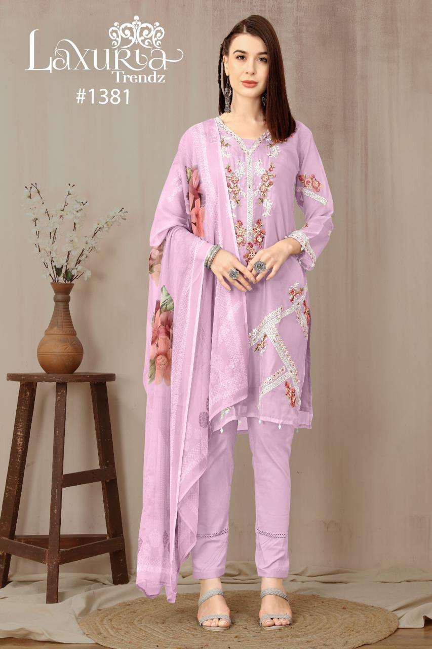 laxuria trendz new designer collection design number 1381 a sophisticated yet elegant on liac pink shade n turquoise blue shade enhanced with intricate long shirt Pakistani readymade suit 