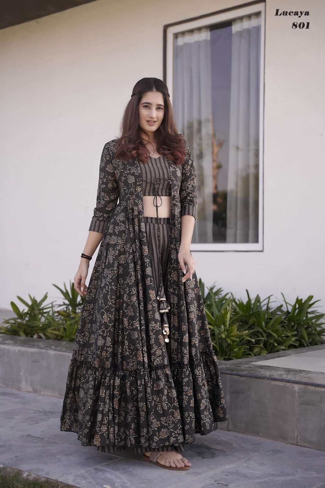 lucaya vol 8 indowestern this stunning 3 piece koti style indowestern suit of printed crop top palazzo and parallels paired with a beautiful printed shrug set