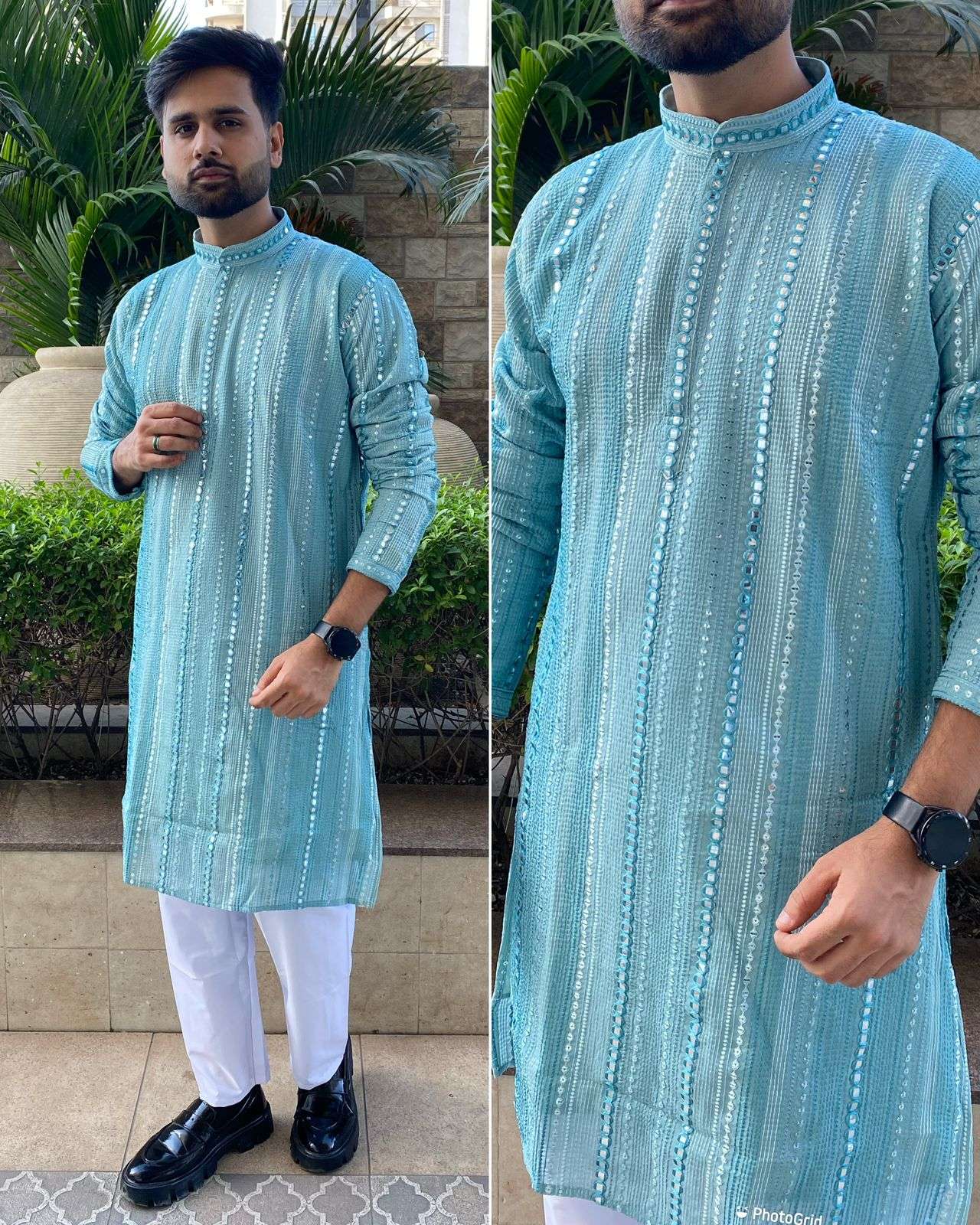 mens wear kurta pyjama manyavar luxe heavy kurta pyjama set for every kind of occasion fabric heavy georgette fabric with inner stitched heavy embroidery thread work front and back both