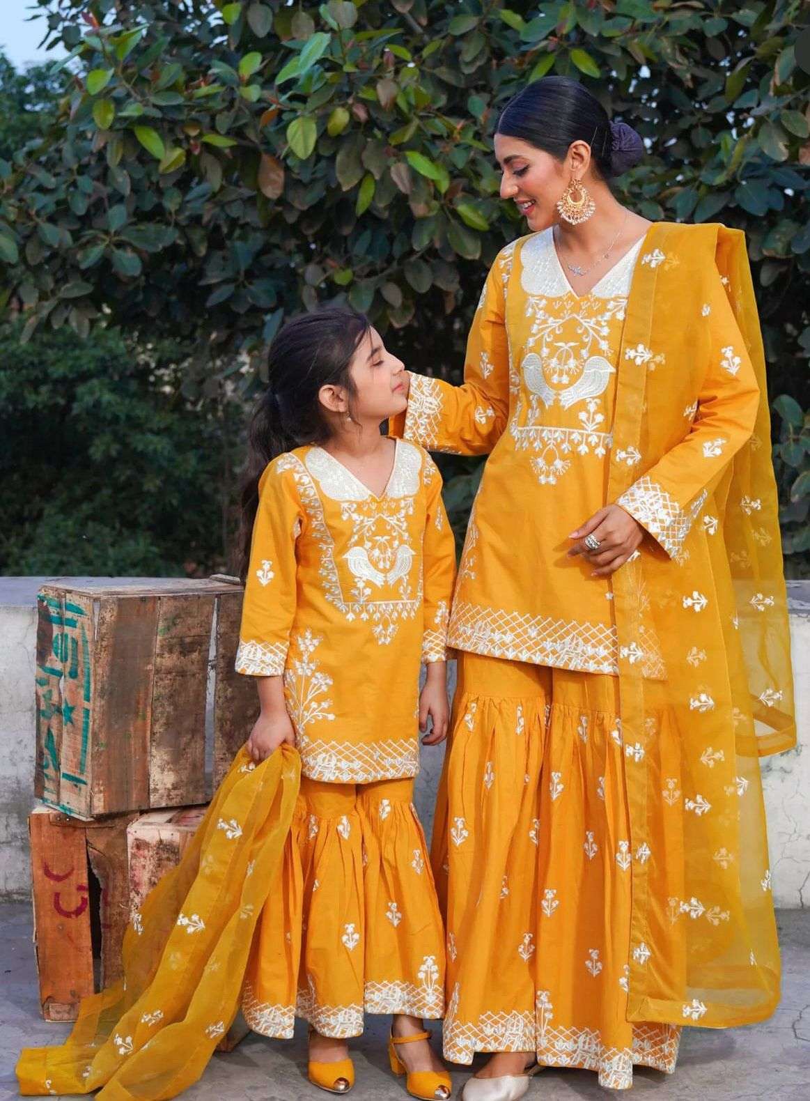 mother daughter combo design number noc 502 yellow colour mother daughter sharara suit combo georgette with embroidery work full sleeves with  fully stitched