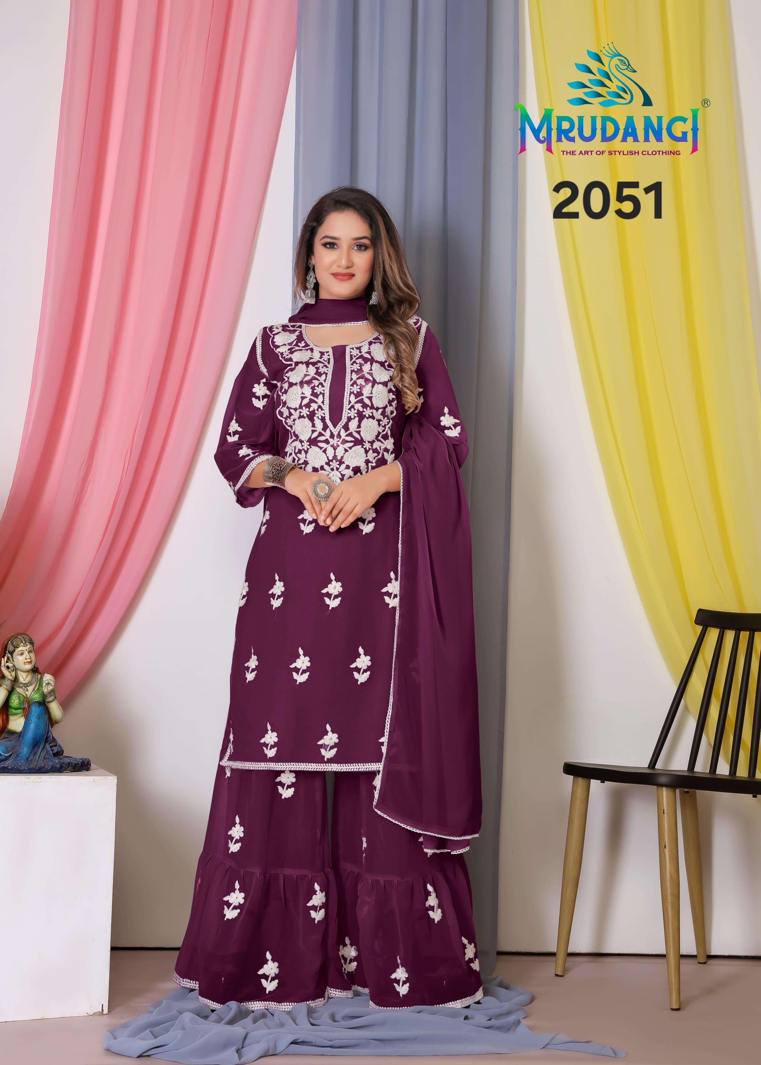 mrudangi catalogue noor 2 series 2051 to 2054 top bamberg georgette with cotton thread embroidery work sleeves bamberg georgette with work sharara suit partywear