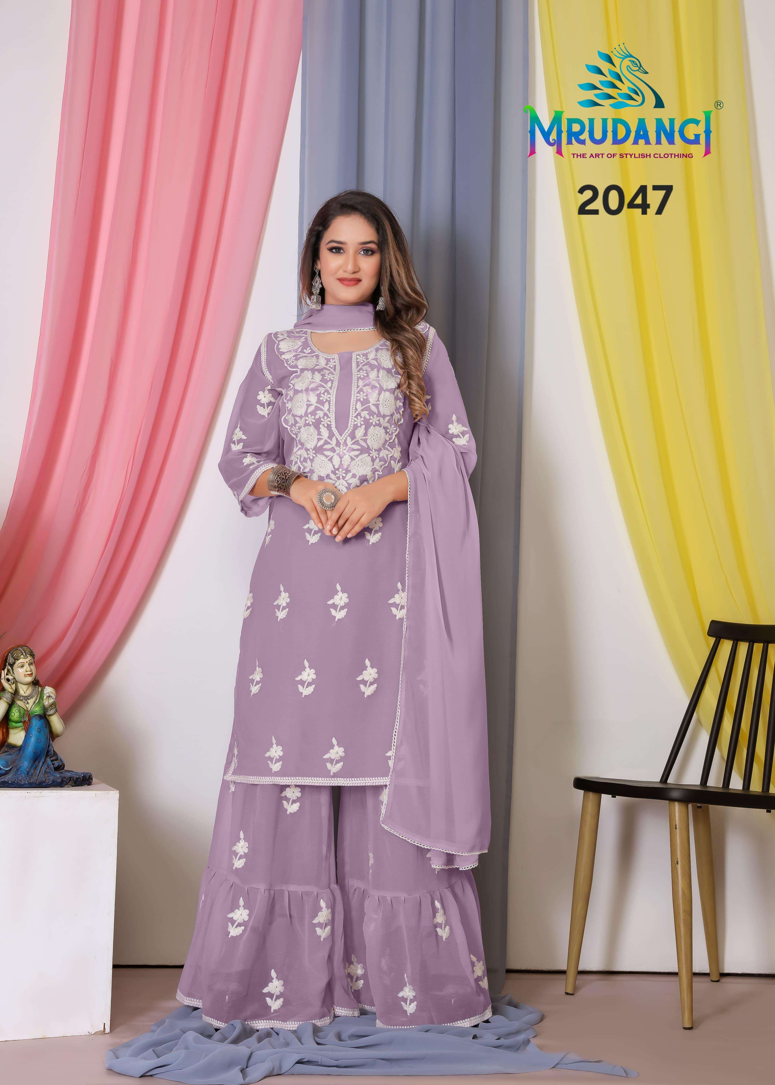 mrudangi catalogue noor series 2047 to 2050 top bamberg georgette with cotton thread embroidery work   sleeves bamberg georgette with work partywear sharara suit 
