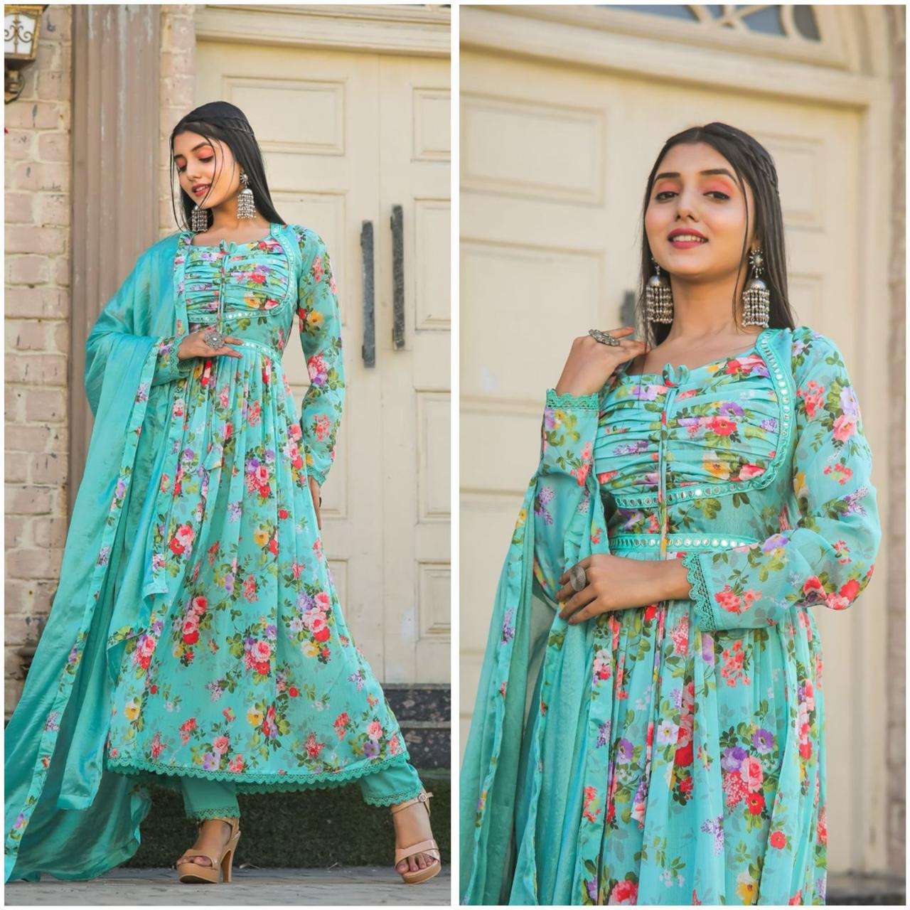 new sp ramdan collecion inn multicoloured anarkali with mirror work and print lace readymade dresses aliacut nairacut readymade dresses collection in colour variety 