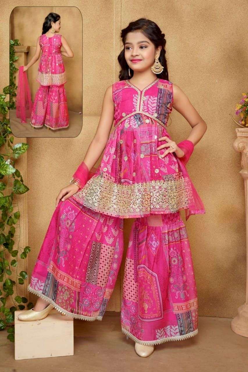 presenting new designer heavy sequence 5mm embroidery work with digital print work top and sarara with dupatta fully sttiched ready to wear coade oc 163 kidswear girls kid sharara suit 