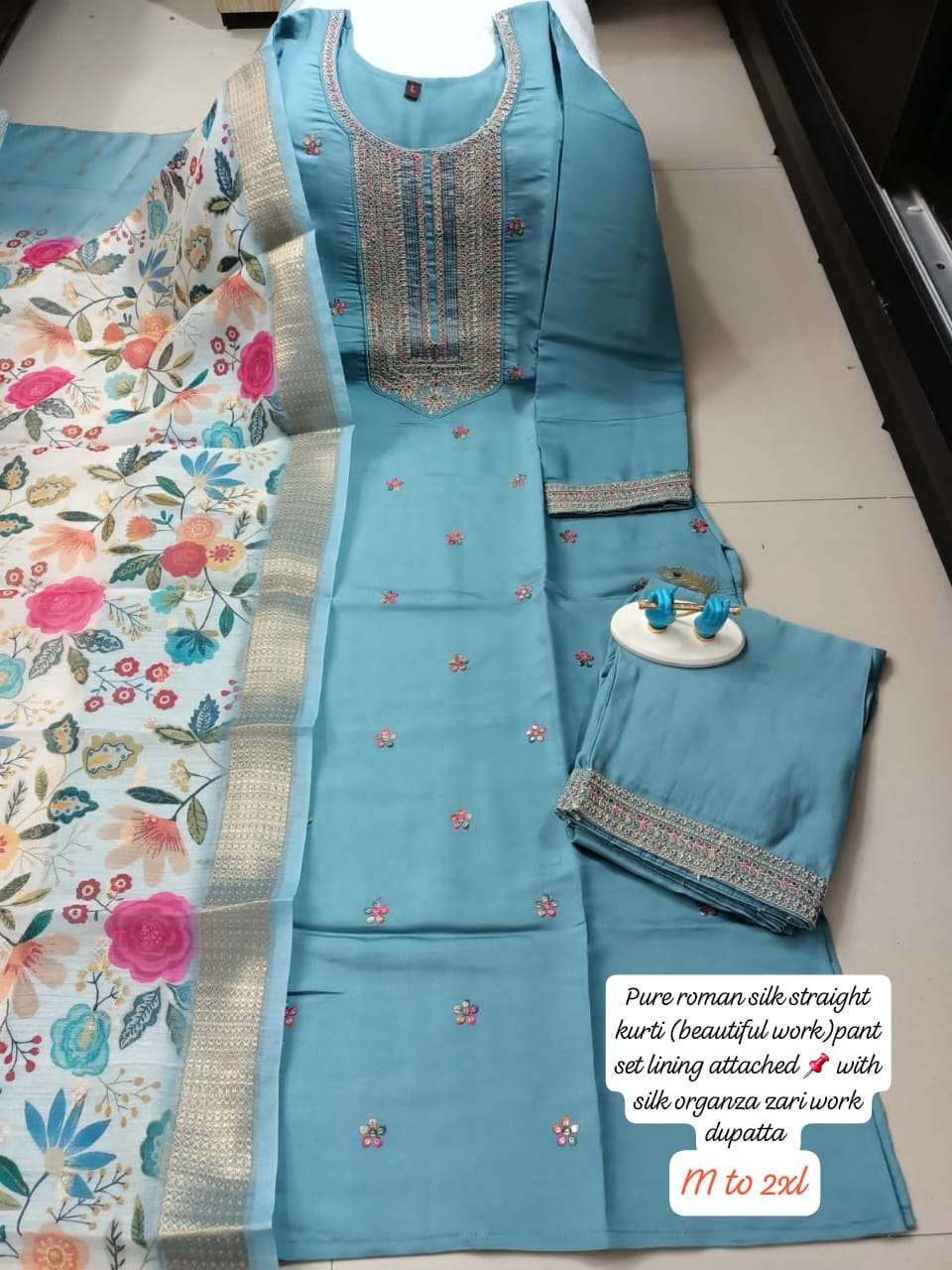 readymade dresses three pieces set designer pure roman silk straght kurti beautiful embroidery with pant set with beautiful dupatta readymade dresses 
