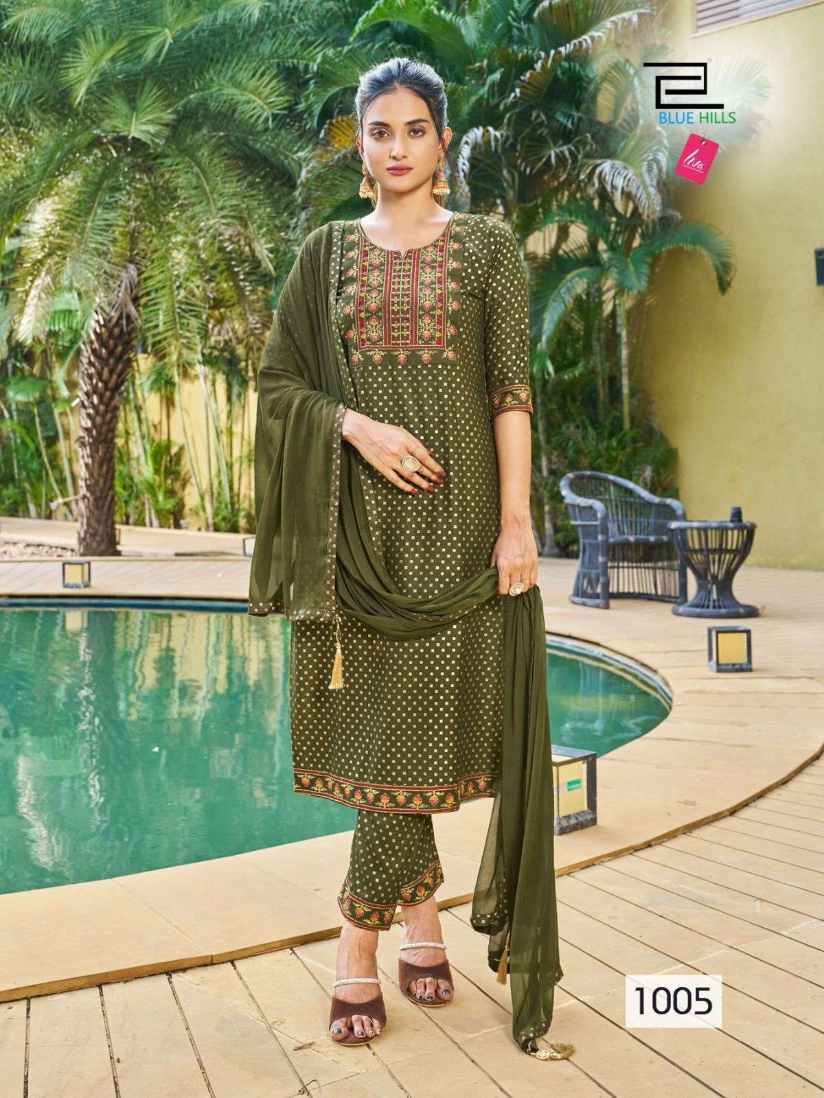 readymade suit  catalogue shanaya ready to wear 3 piece set top bottom dupatta top and pant 14kg rayon embroidery work n print  dupatta heavy chiffon  with print and latkan