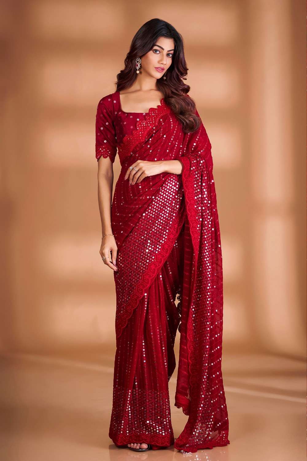 saree designer partywear saree in red colour new designer party wear peding with 7 mm sequence work on saree design number bt 361 partywear saree 