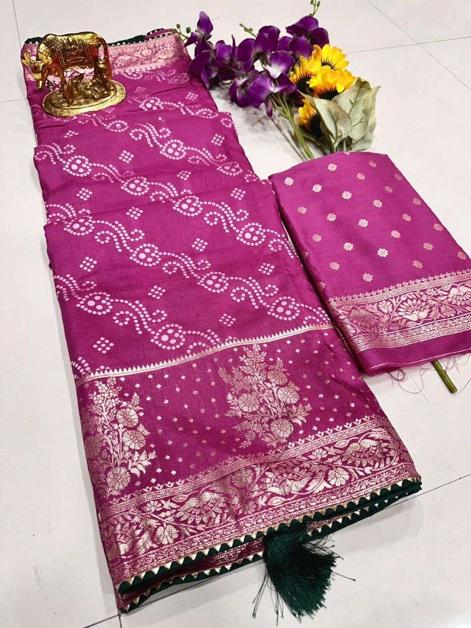 saree exclusive arrivals soft viscose saree in bandhani concept let us make u feel like queen by launching our new concept in saree soft viscose dola saree with finest bandhani zari weaving