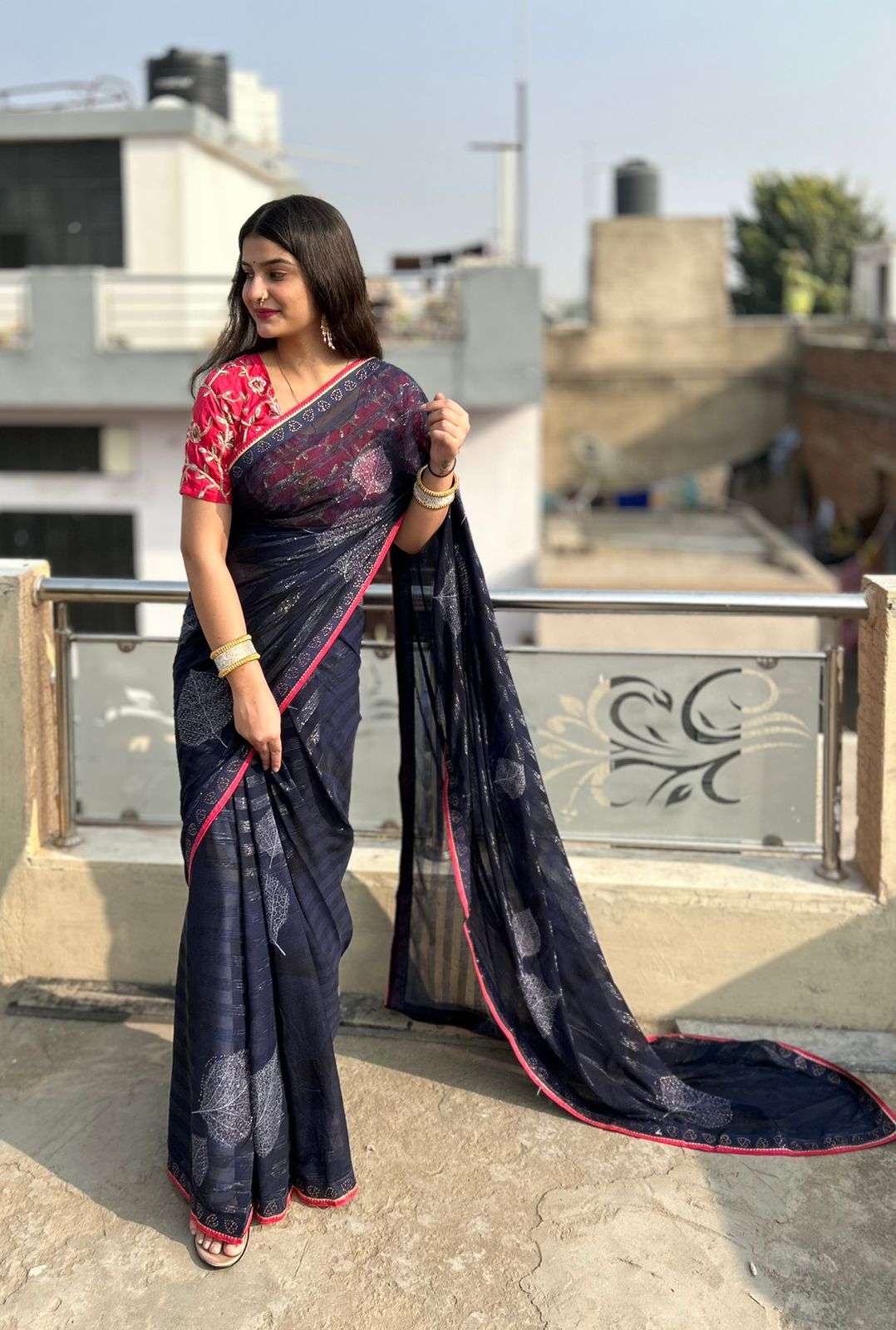 saree paan fabric rimzim georgette and big leaf full siroski with siroski less patti bordar and jaquard weaving blouse saree 
