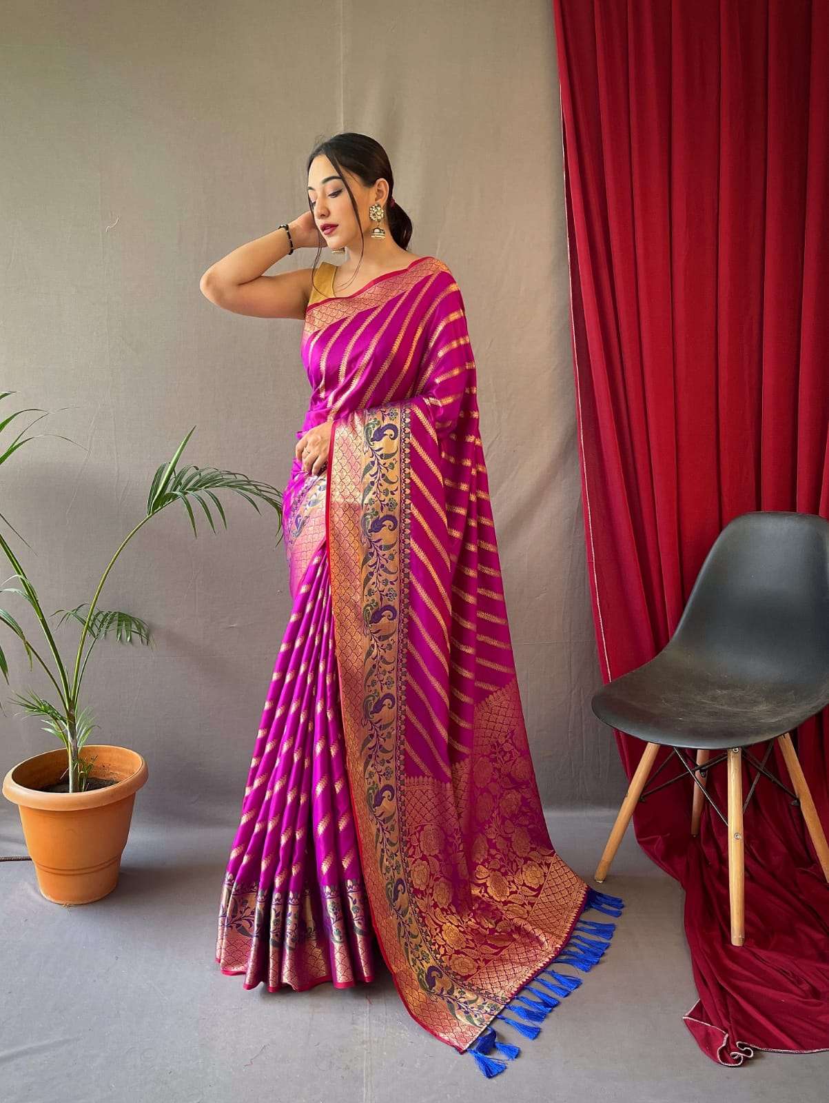 saree pure silk sarees with gold zari zigzag weaving all over with rich weaving pallu attached with tassels and meenakari border designer saree pure silk sarees