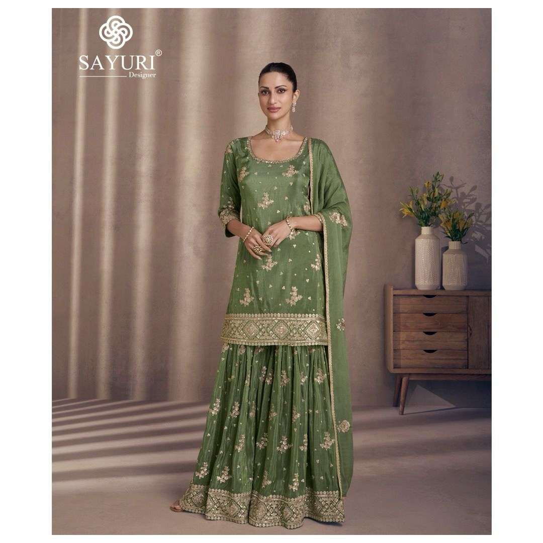 sayuri designer catalogue tiara series 5439 to 5442 designer partywear gharara suit collection designer print with heavy embroidery readymade dresses sayuri designer 