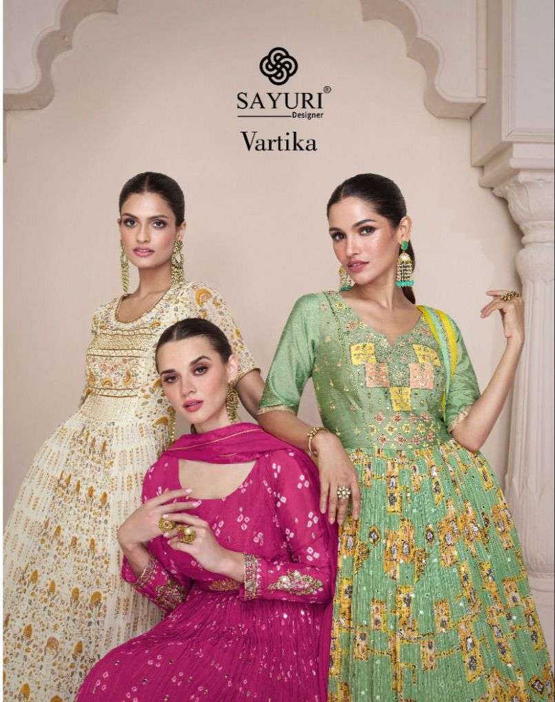 sayuri designer catalogue vartika series 5283 to 5285 designer partywear anarkali readymade suit collection fabric realgeorgette n chinon silk front and back embroidered duptta nazneen embroidered