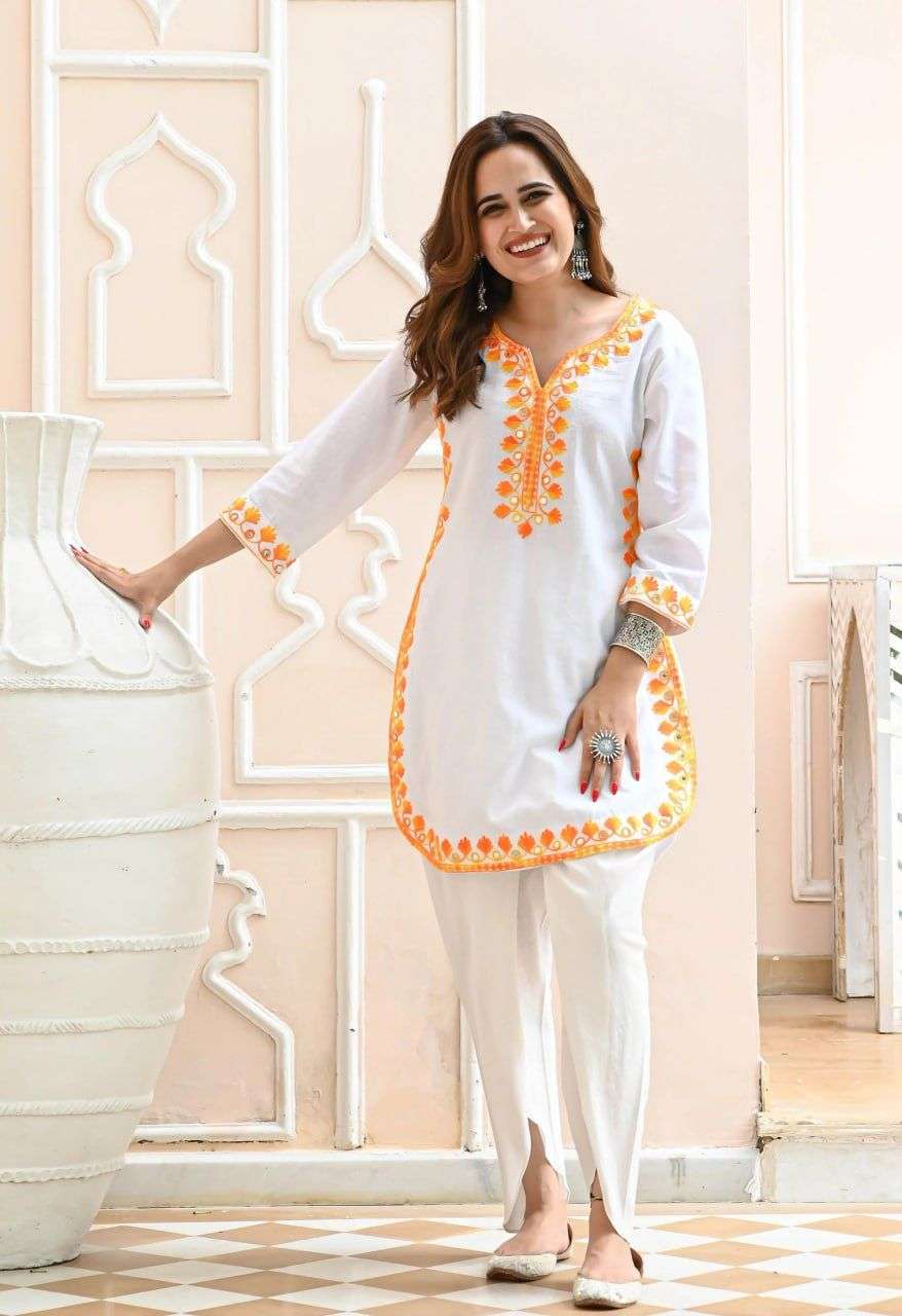 solid embroidered coord set for women sku name 1229 fab cotton blend work type  embroidery gota patti threadwork colour white cord set  