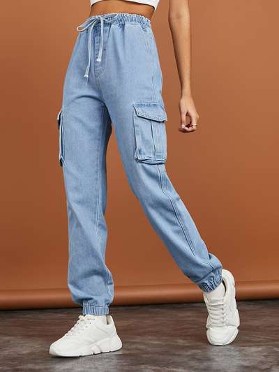 women high box pocket button joggers pant colour sky blue brand mk jeans fabric pure denim length 36 to 37 approx size26 to 34 joggers jeans for girls 