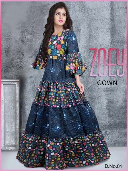  zoey children gown design 4 fabric chanderi sequence and thread work digital print inner mono crap full flair size 6 year to 12 year kidswear gown 