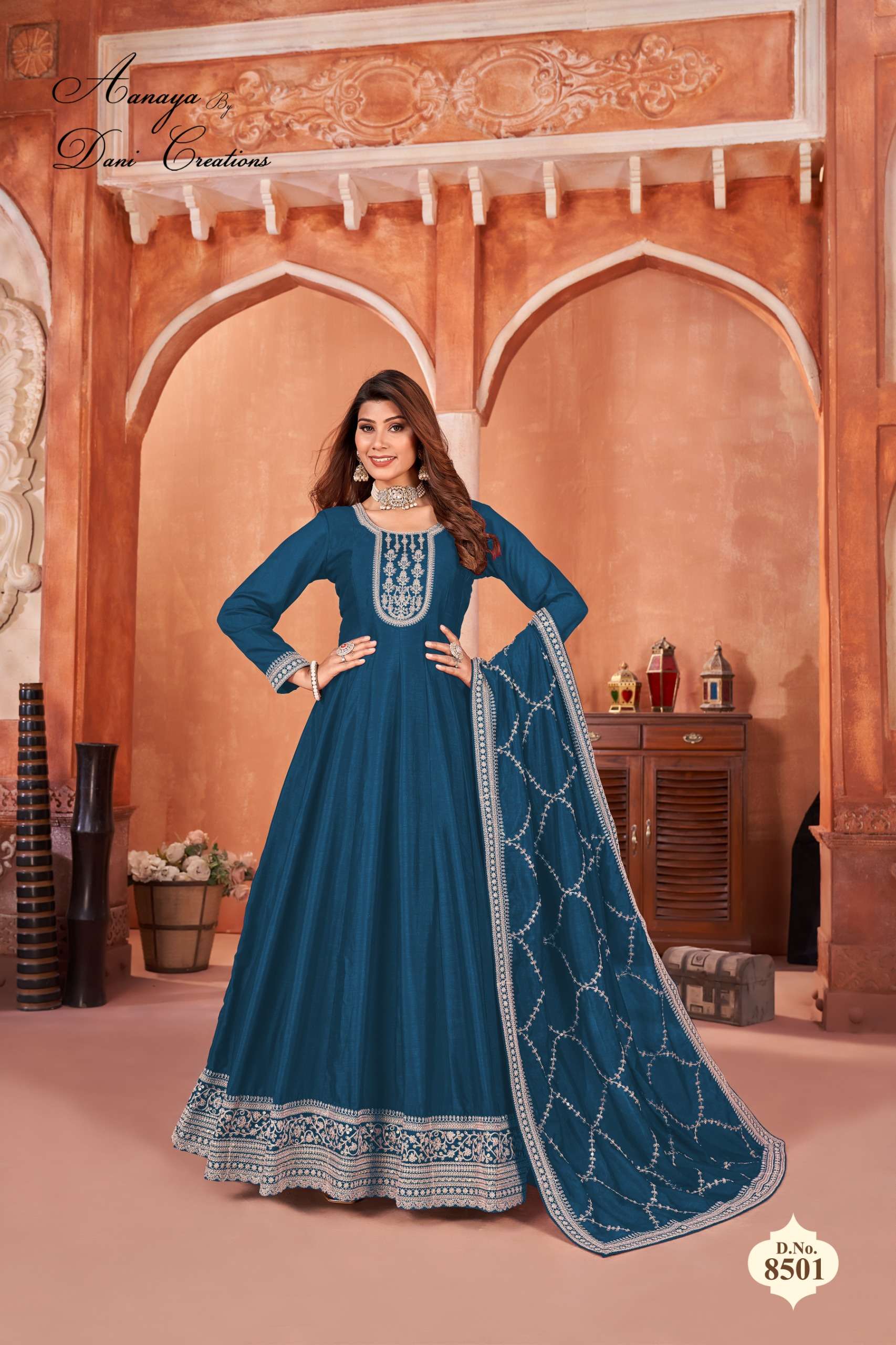 aanya vol 185 by dani creation catalogue series 8501 to 8504 designer partywear gown with neckline embroidery heavy partywear gown 
