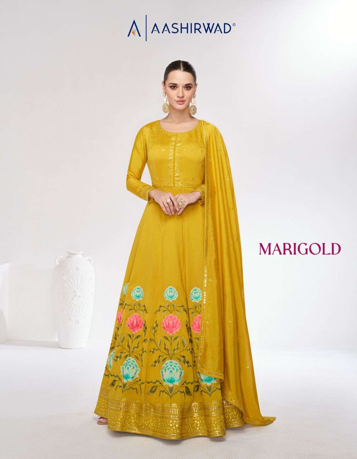 aashirwaad catalogue marigold series 9978 to 9979 top premium silk free size stitch  duptta premium silk heavy embroidery partwear suit m to xxl size 