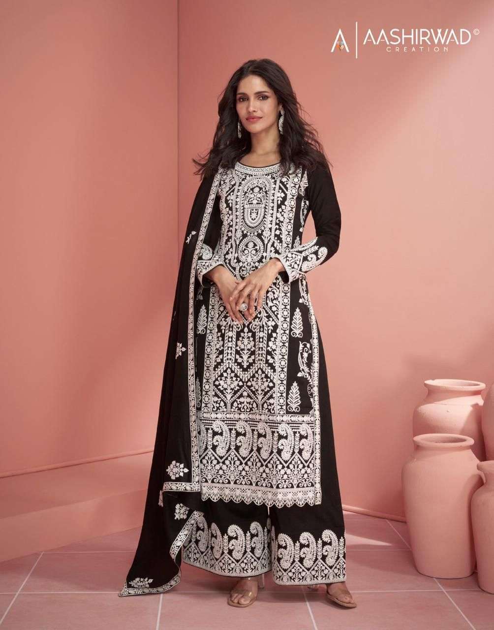 aashirwaad creation catalogue ruhani series 9903 PREMIUM SILK Free size stitch black n white with heavy embroidery partwear readymade dresses 
