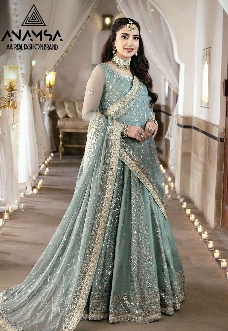 anamsa 7773 new launching semi stitched anamsa design number 426 details heavy pure fox georgette with heavy embroidered very beautiful design and sequence work high quality material  