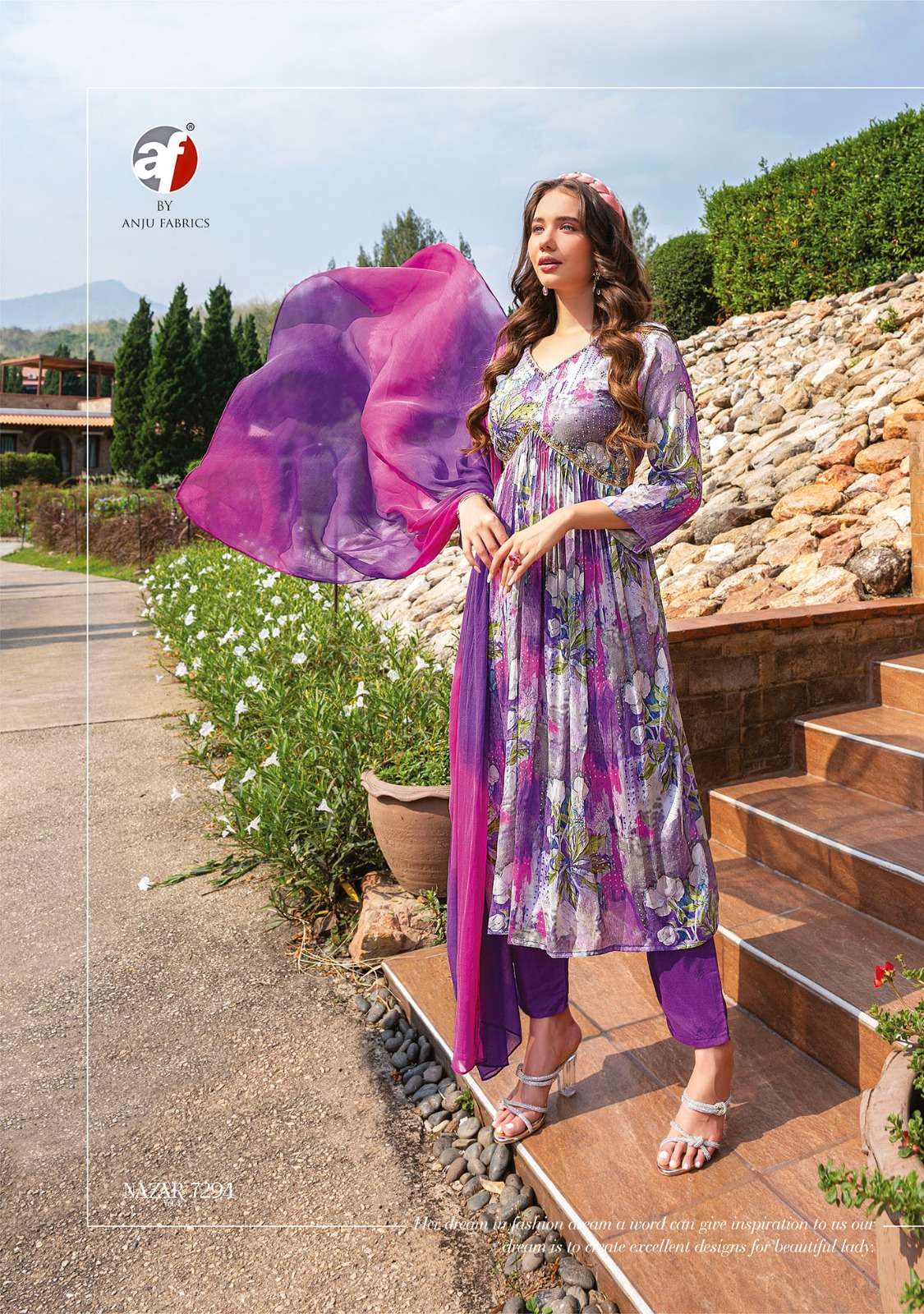 anju fabric catalogue nazar vol 4 series aliacut kurtie pant and duppta readymade partywear handwork dresses collection 
