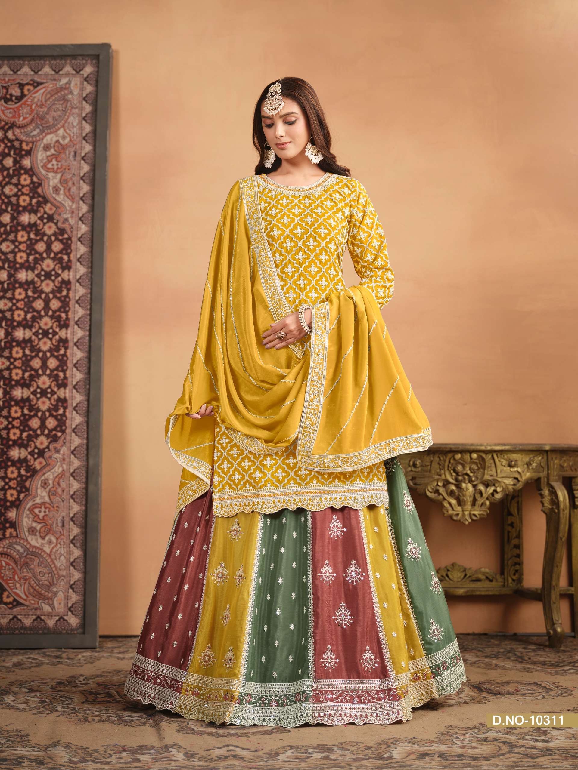 anjubaa vol 31 series 10311 to 10313 peplum design partywear suit top n lehenga chinnon designer partywear multicolour skirt with top heavy embroidery suit 