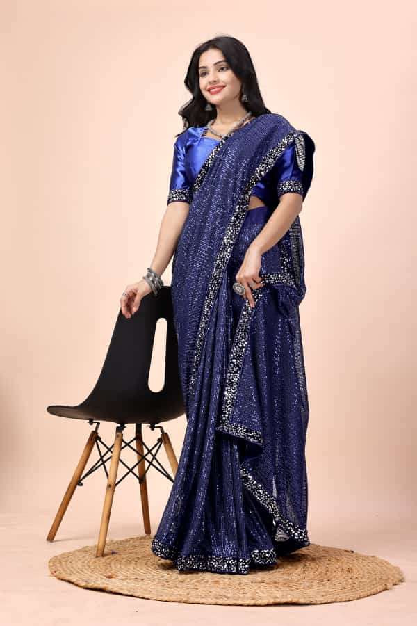 blueberry fabric premium color export quality fine yard fabric heavy full sequins work saree with sequin lace border designer saree 