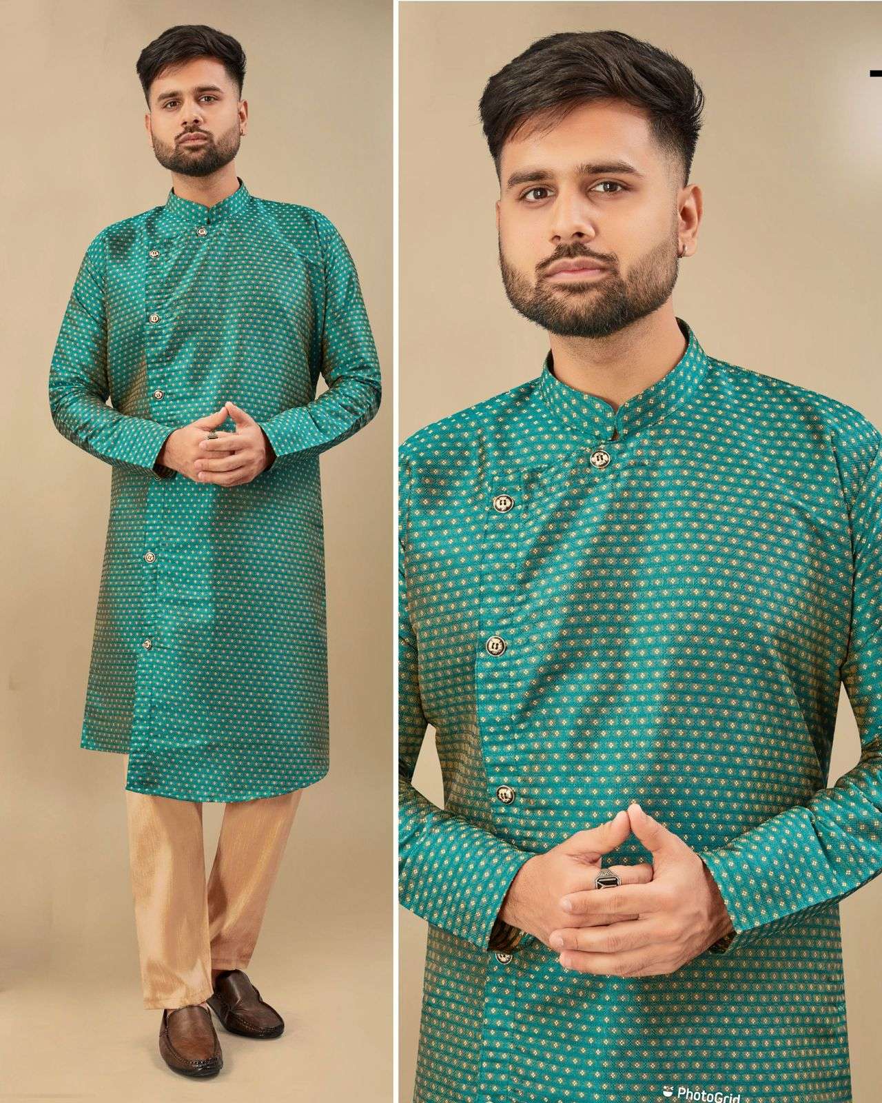 cross kurta cross button kurta plus pyjama for all types of occasions in 7 colours fabric silk jequard  size : m to xxl  both side pockets mens wear kurta pyjama 