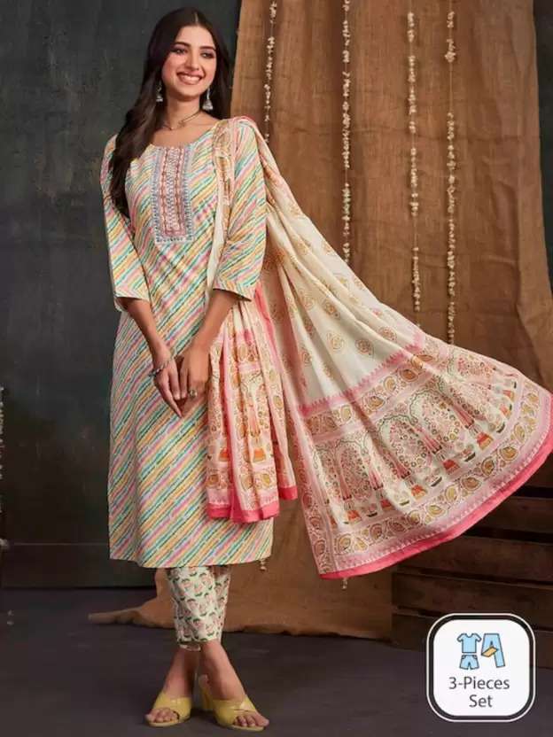 designer fine cotton suit set full flaired leheriya print straight suit with full embroidery on your neck beautifull readymade pure cotton dresses with fine print for summers