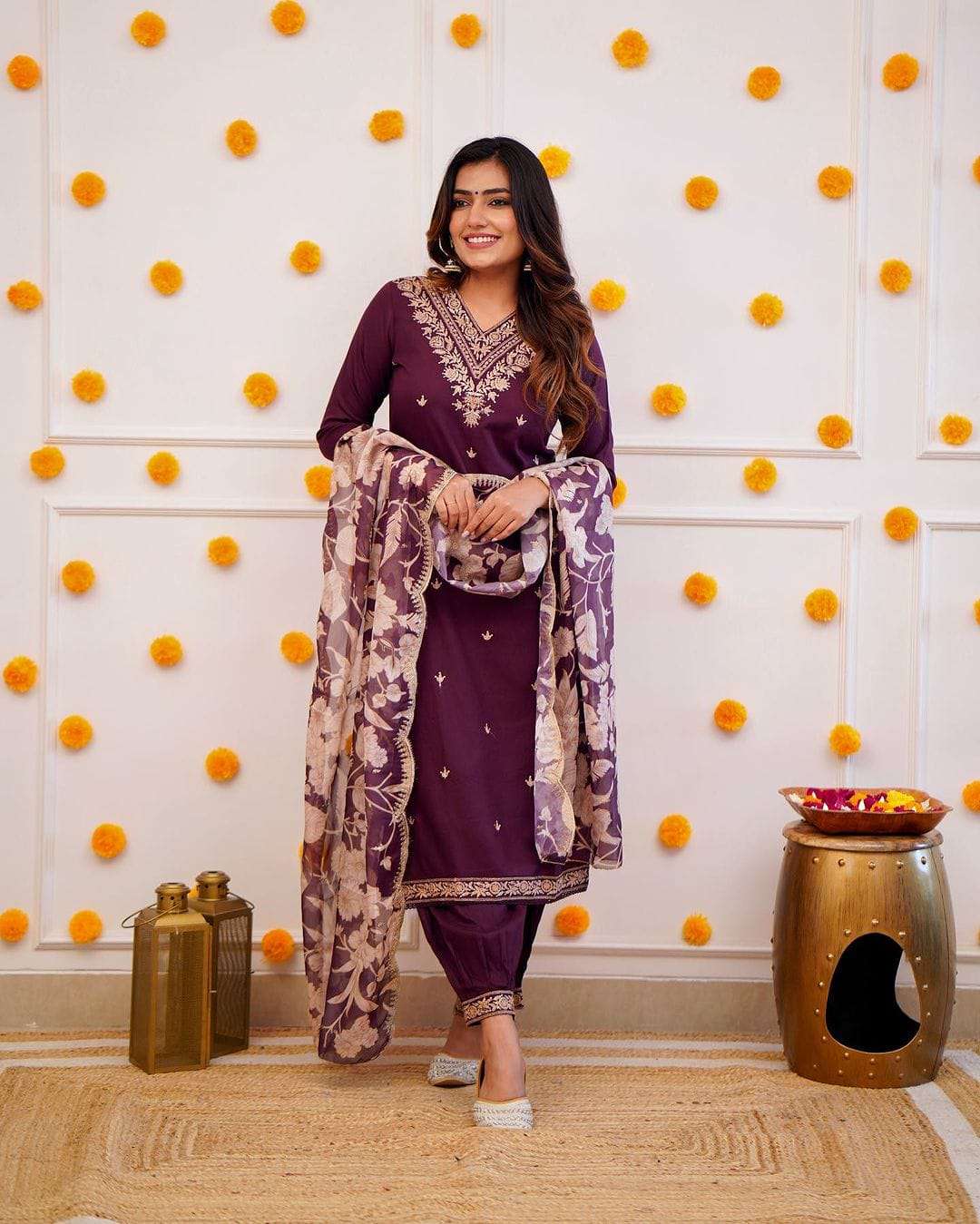 get festive ready in our new afghani suit set with embriodrary detailing and floral print organza  duppata available  fabric heavy chanderi kurta length 46 pant length 38 colour maroon