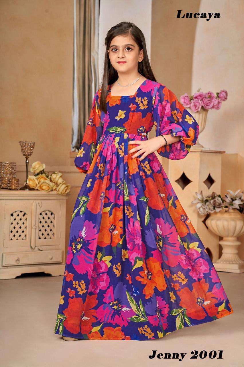 girls kidswear gown kids wear gown set lucaya jenny 2 design number 2001 to 2006 heavy faux georgette inner attached heavy crepe 3 year to 15 year girls wear 