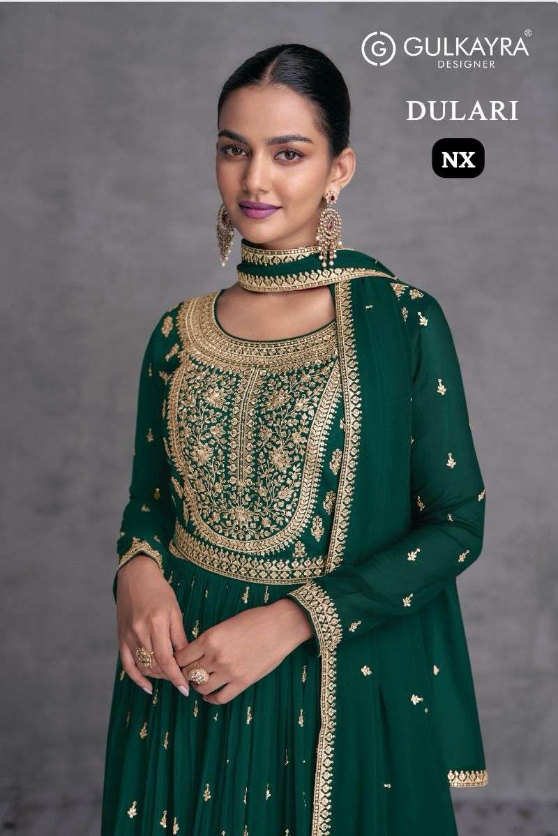 gulkayra designer catalogue dulari nx series 7409 b to 7409 c top real georgette dupatta real georgette partywear nairacut readymade heavy embroidery dresses collection 