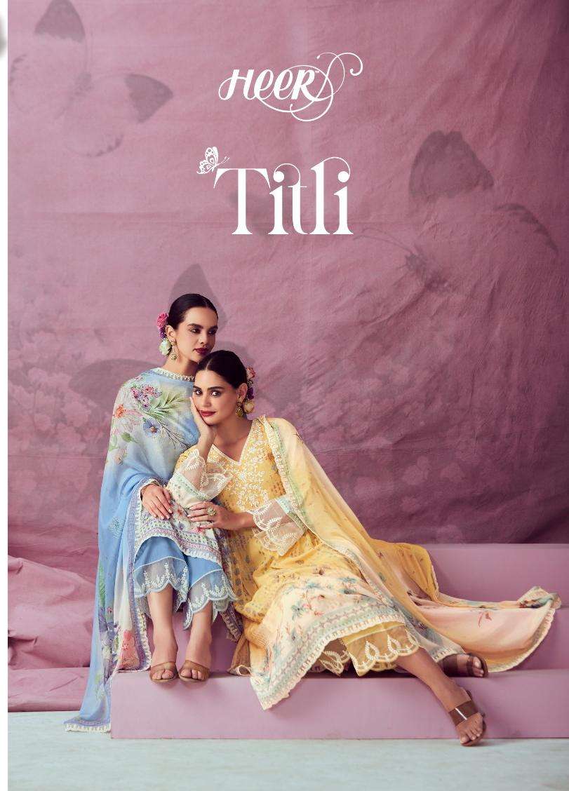 heer kimora catalogue titli series 9261 to 9266 pure muslin with digital print dori embroidery neckline with organza dori scalloped embroidery on sleeves an hemline suits 