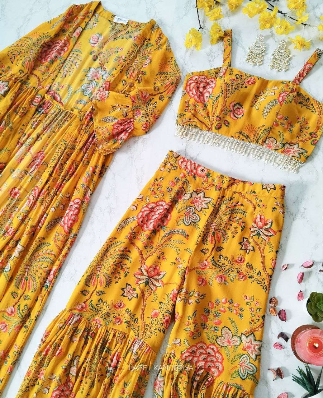 indowestern suit sharara pant with crop top n koti most beautiful sharara set with full stitched koti fabric details sharara premium georgette with beautiful print with inner full stitched upto xxl 