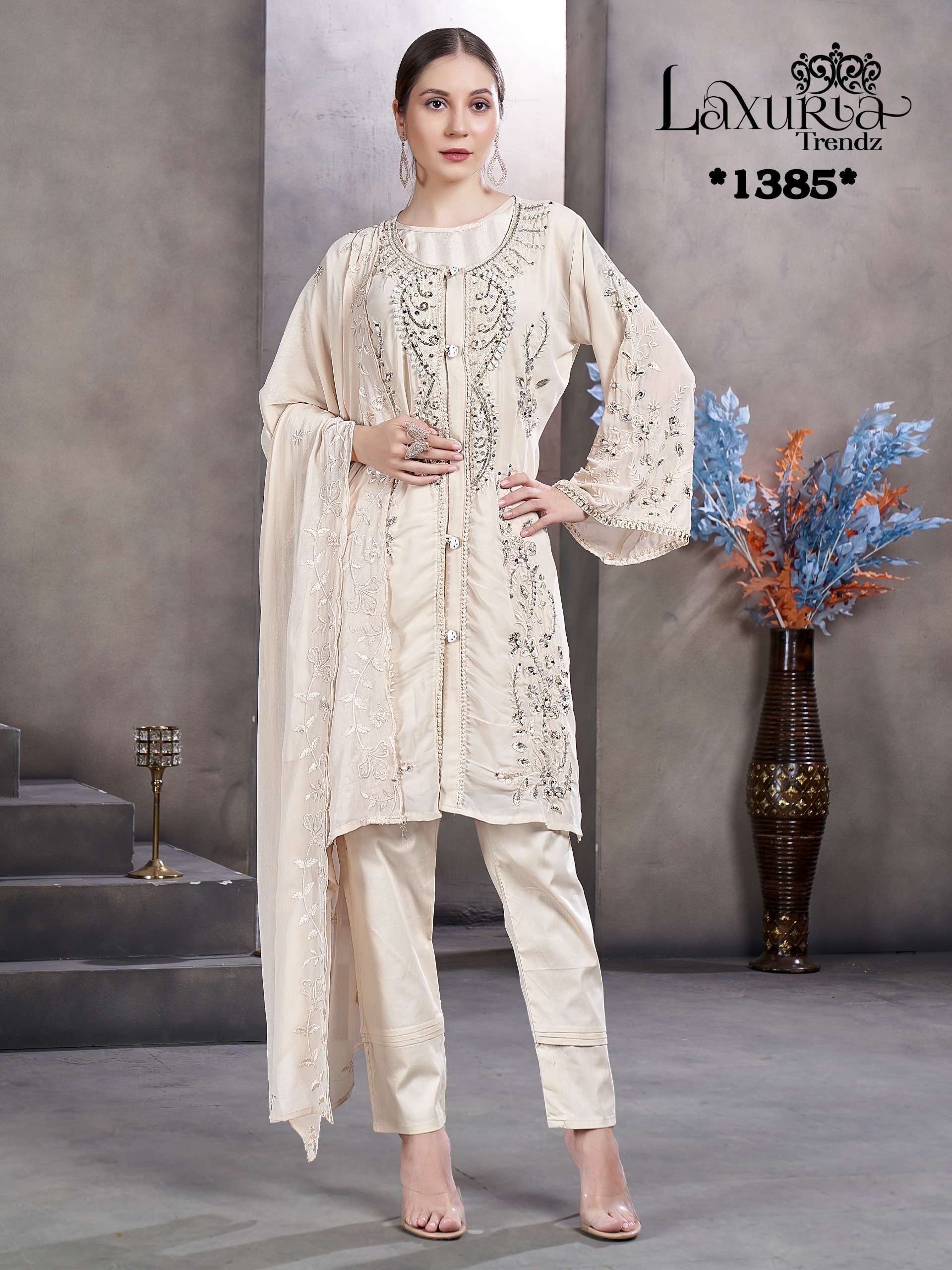 laxuria trendz launching new superhit collction design number 1385 luxury pret collection in tunic stylist n pant designer readymade suit in cord set style 