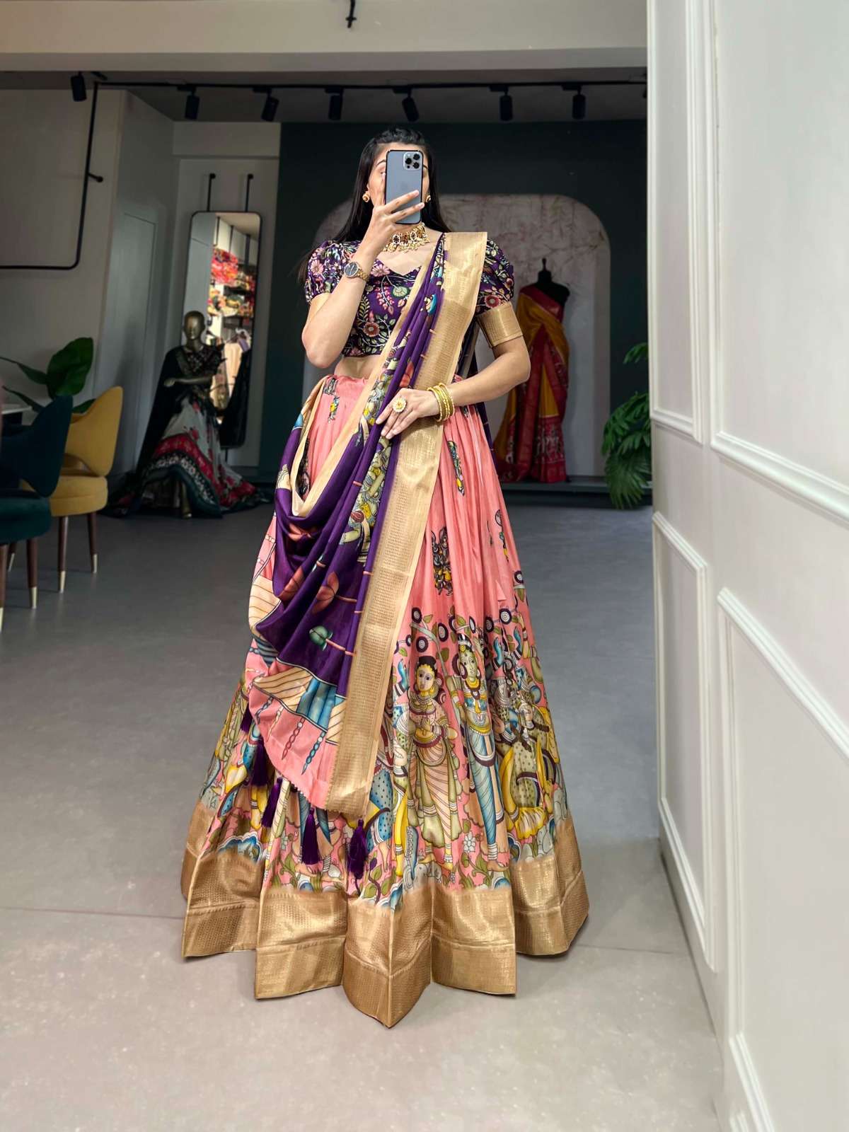 lehenga choli adorned in the elegance of dola silk and the intricate charm of kalamkari prints the lehenga choli whispers tales of tradition and beauty 1017crm 1017pec 1017prl 1017ylw