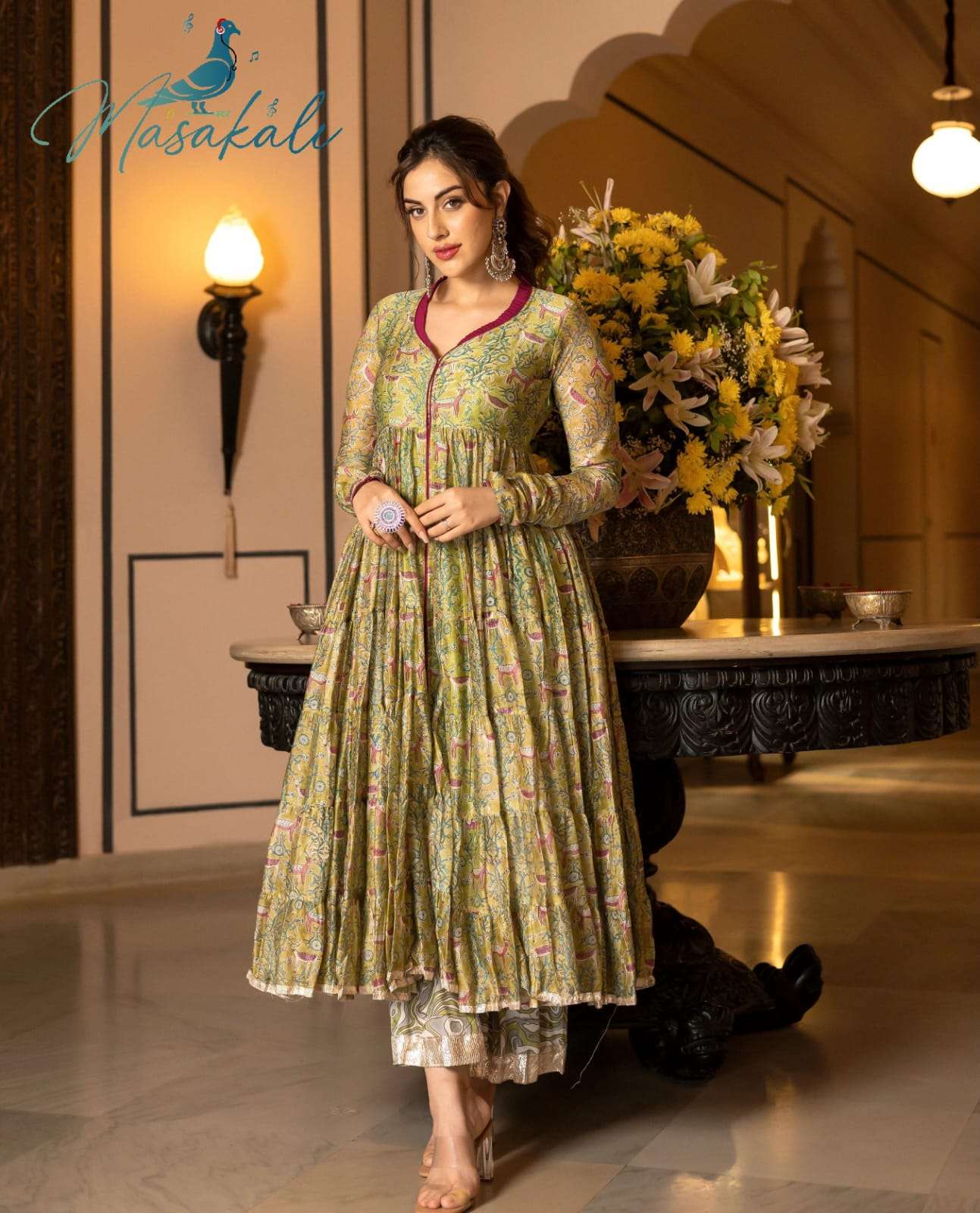 masakali vol 01 new printed stylish flaired kurtis collections three pis soft chanderi silk fabric work digital printed inner full inner in all designs