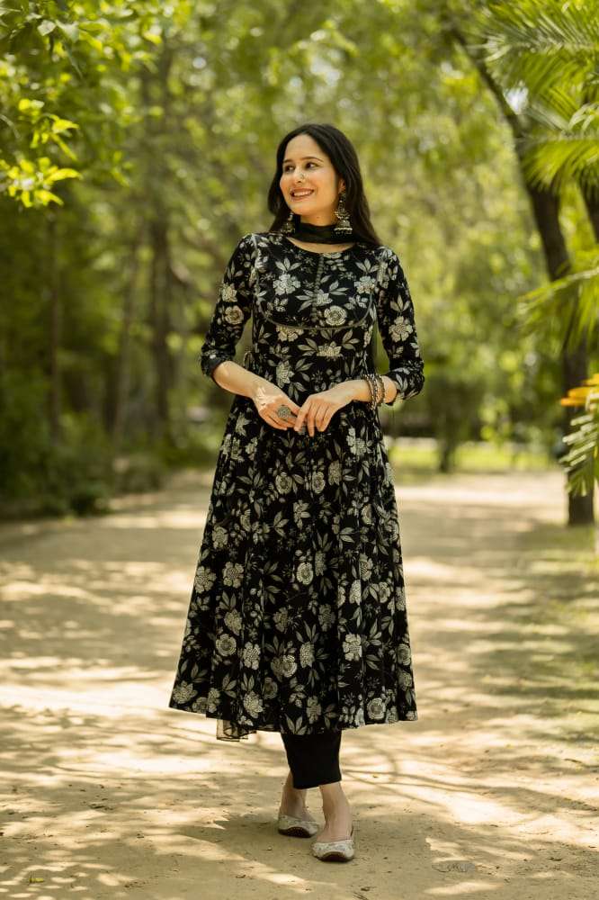 new arrrival brand showroom piece designer fine cotton suit set full flaired mugal print anarkali suit with  highlighting on your neck beautiful full length duppta straight pent readymade suit 