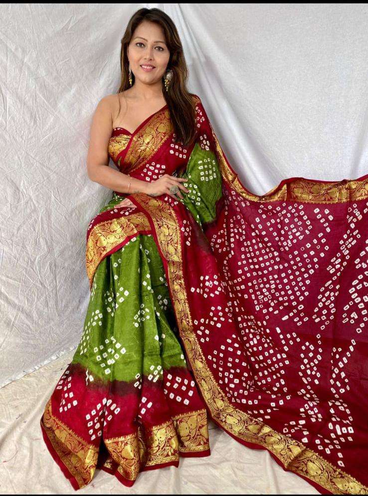 new bandhani saree pavitra volume 2 fabric art silk with zari waving awesome heavy zari waving border work hand bandhej saree with running blouse orignal bandhej saree 