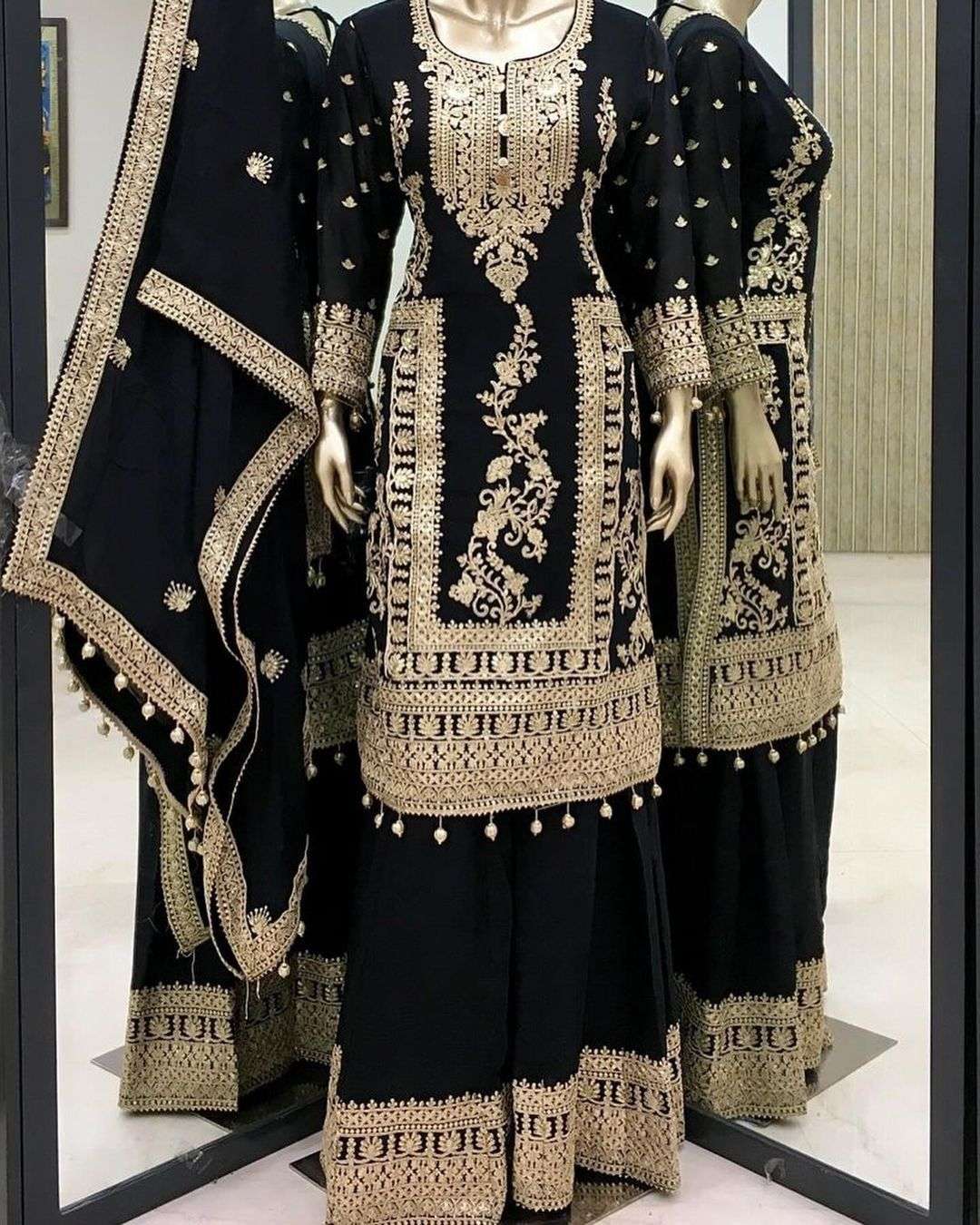 premium designer readymade top plazzo n dupatta collections launching new designer party wear look pur chinon silk top plazzo n dupatta set code ad151
