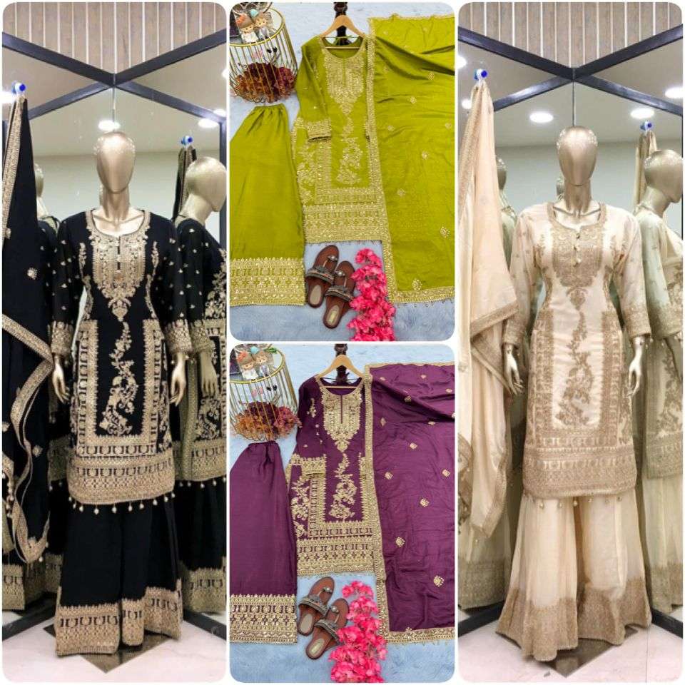 premium designer readymade top plazzo n dupatta collections launching new designer partywear look pure chinon silk top plazzo n dupatta set code ad151 new colours